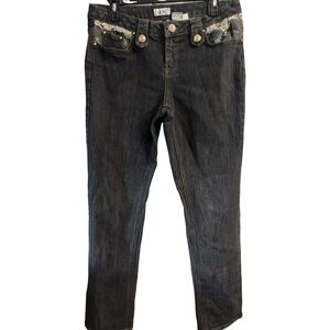 Caché Dark Wash Lace Accent Straight Leg Jeans Size 10